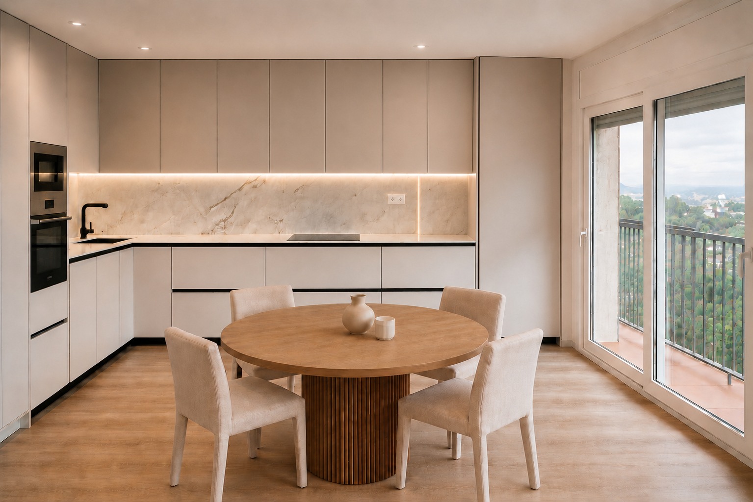 Cocina en línea con frente marmolizado