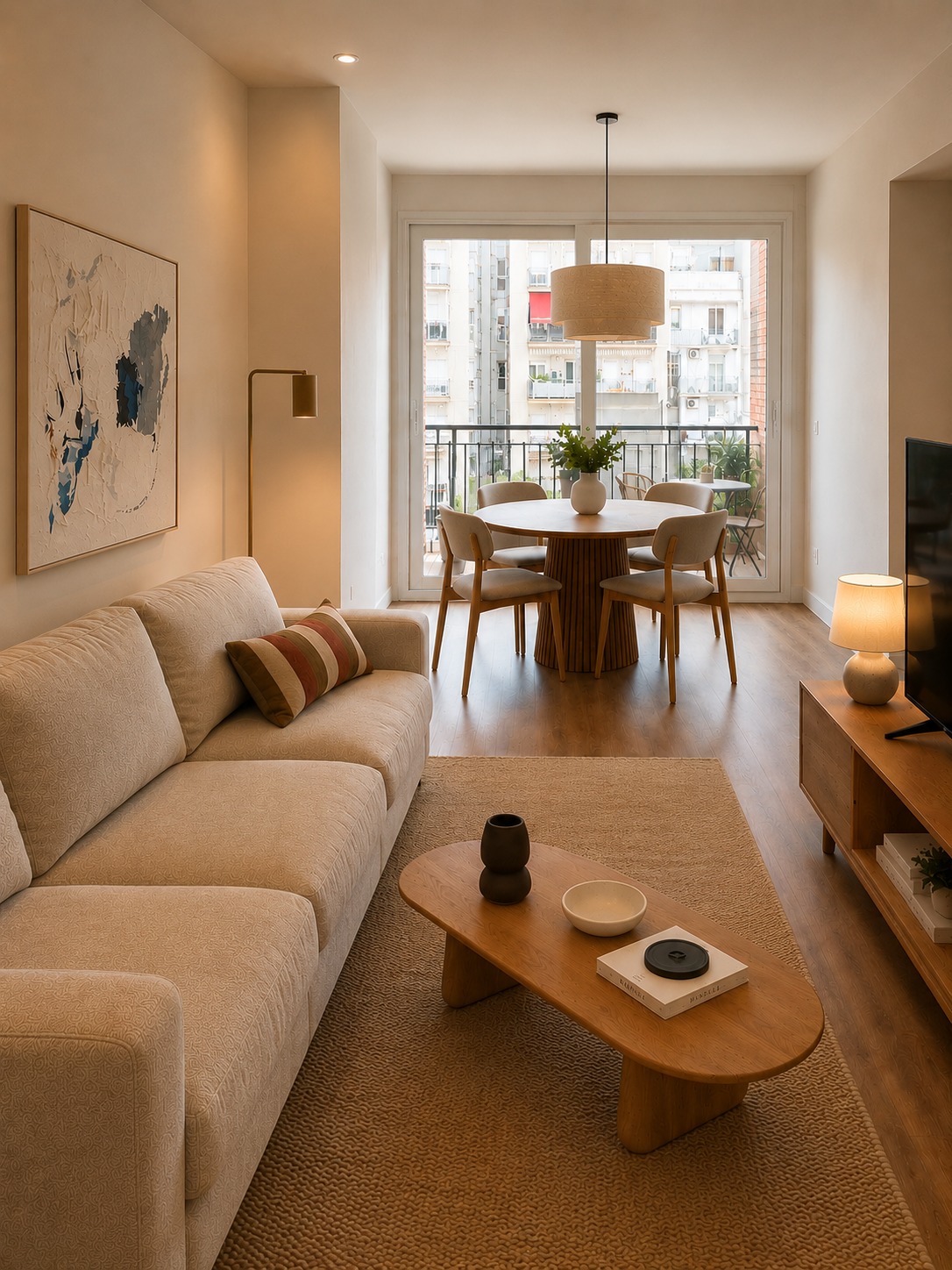 Salón-comedor cálido en piso del Eixample